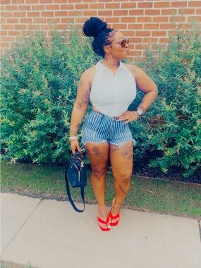 Striped High-Waist Denim Shorts - Blue